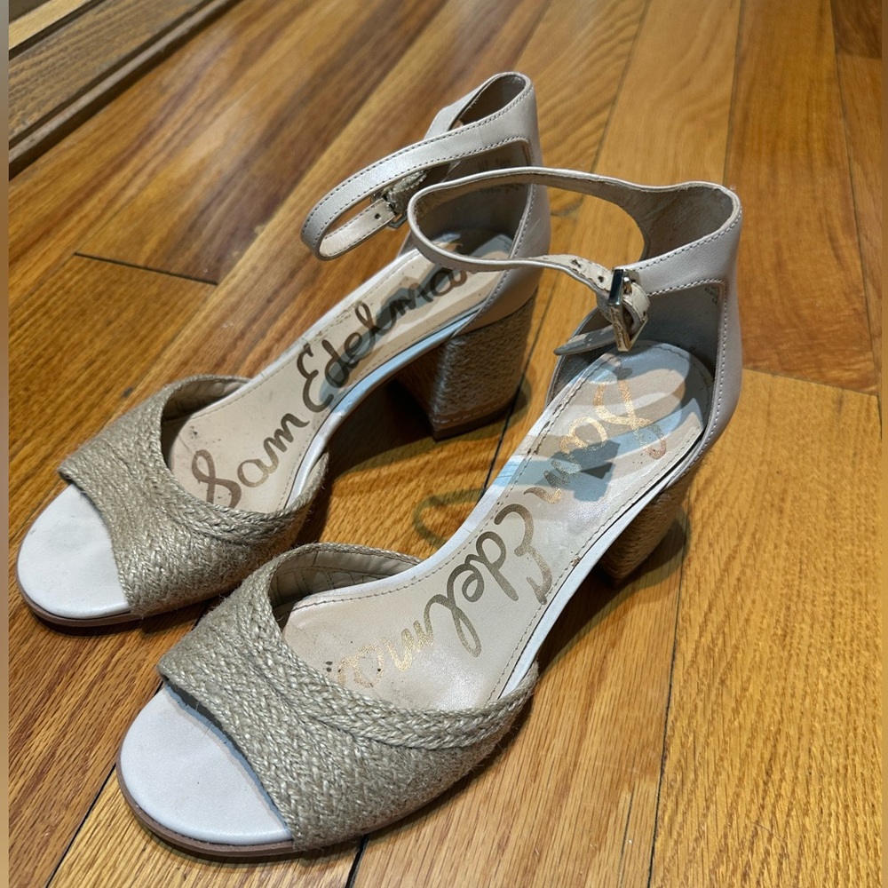 Sam Edelman Natural Beige Raffia Block Heel Sandals - Picture 2 of 10